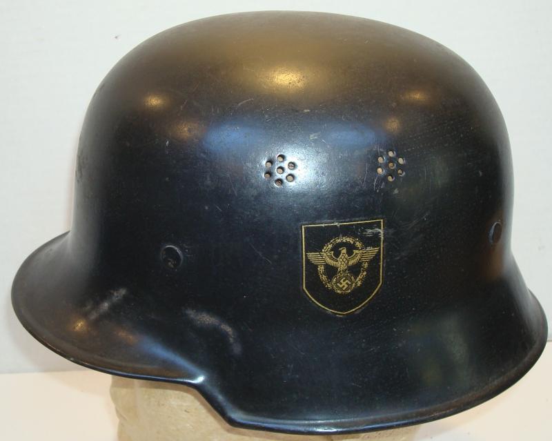 WWII GERMAN M34 DOUBLE DECAL FEUERSCHUTZPOLIZEI HE