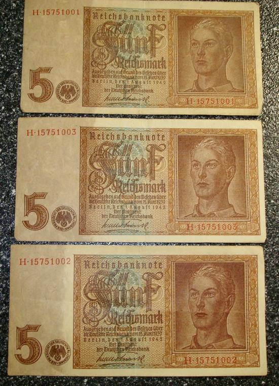 WWII GERMAN 5 REICHMARKS 1942 BANKNOTES all three