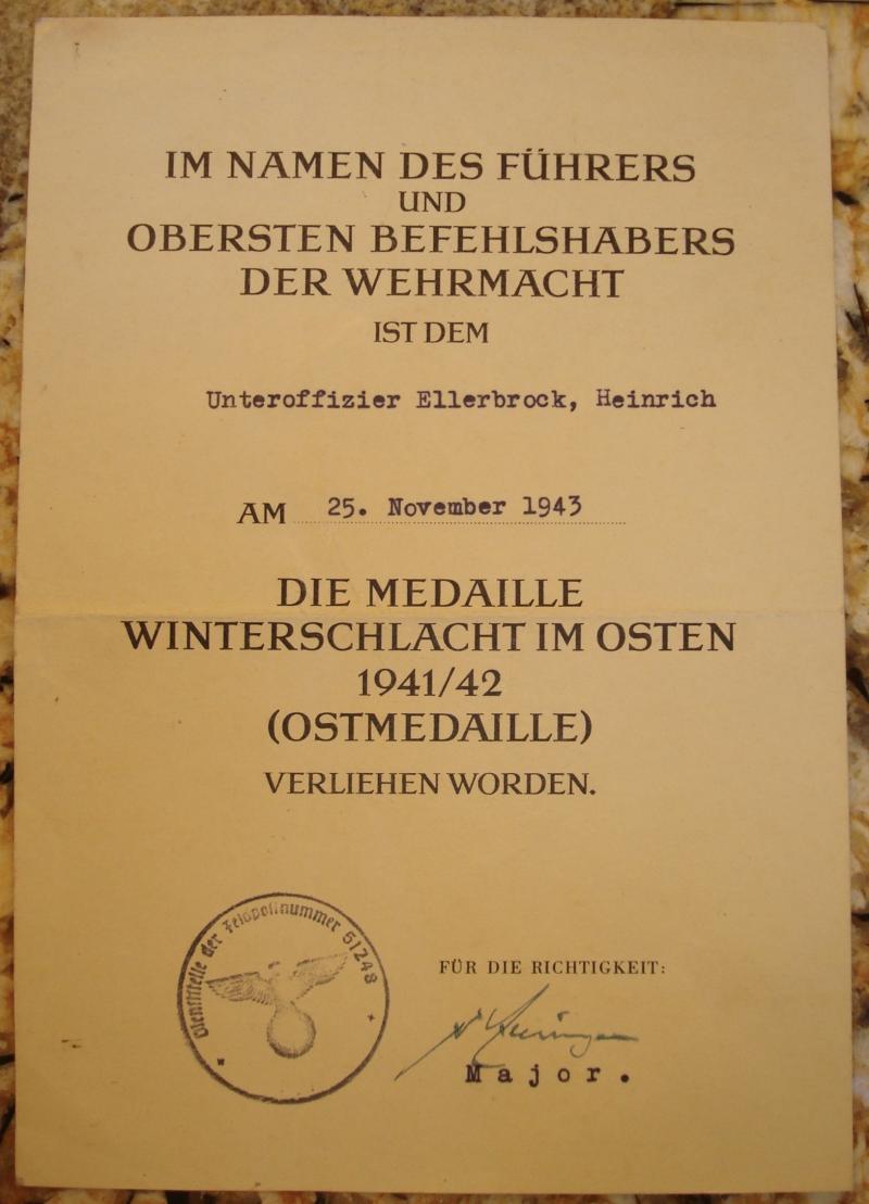WWII GERMAN RUSSIAN FRONT MEDAL 1941/42 AWARD DOCUMENT